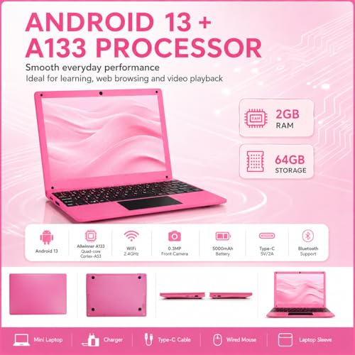 Fwmntu 10.1 Inch Android 13 Mini Laptop 2GB RAM 64GB Memory HD IPS Display 1280*800 Pixels Portable Netbook with Allwinner A133 CPU (Pink)