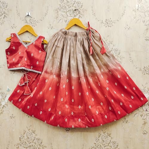 Kidsella Girls Soft Silk Printed Lehenga Choli Set | Kids Readymade Ethnic Wear | Girls Traditional Dress (Red, 3-4 Years)