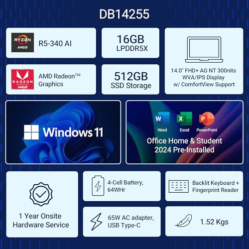 Dell 14 Smart Choice, AMD Ryzen5 AI 340 Processor, 16GB LPDDR5X, 512GB SSD, FHD+, 14"/35.56cm, Win 11, MSO'24, Ice Blue, 1.52 Kg, [Dell 14], 300 Nits IPS, Backlit + FPS Keyboard, AI Powered Laptop