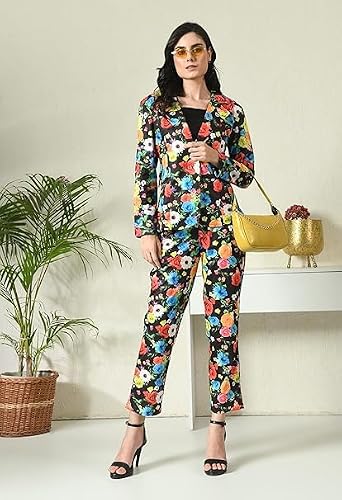 OFFICE PURPLE Women Printed Blazer Pant Set- Women's Casual Office Business 3-Piece Printed Suit, Single-Breastered Blazer Camisole and Pant Set (Multicolour, L)