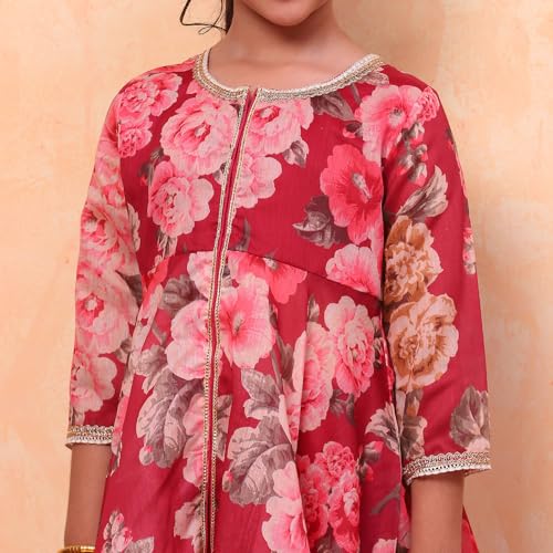 Biba Girls Wine Flared Poly Modal Printed Kurta suit set