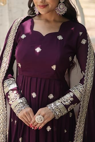 Fashion Basket Women's Red Georgette Anarkali Kurta Set with Duptta for Women (Purple, XL)