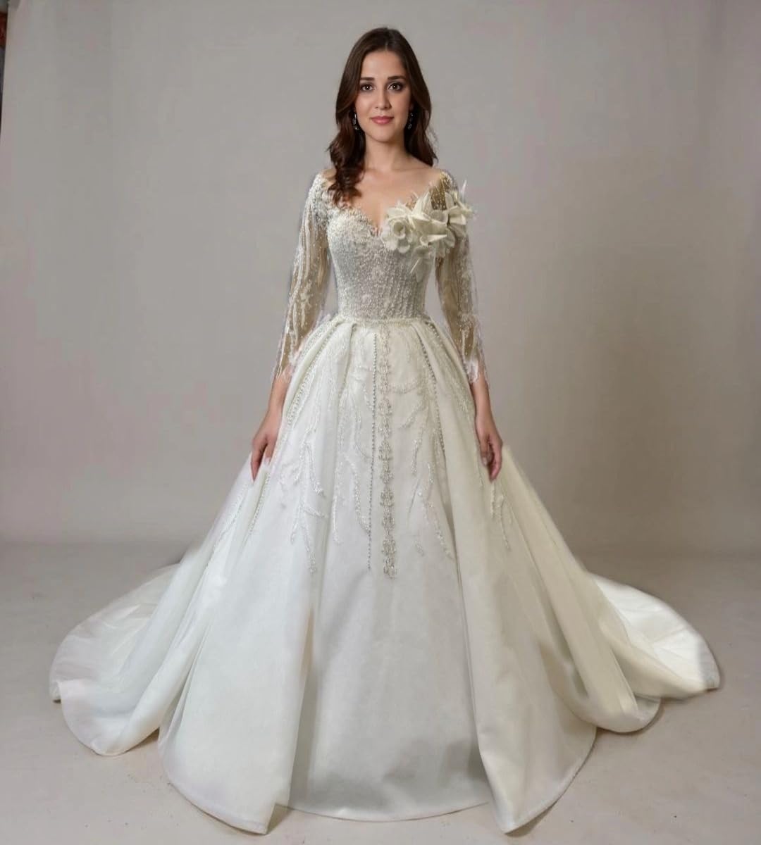 ThreadTexture Designer Hand Embroidered Luxurious Wedding Ball Gown (in, Alpha, 2XL, Plus, Ivory, Designer Shivay)