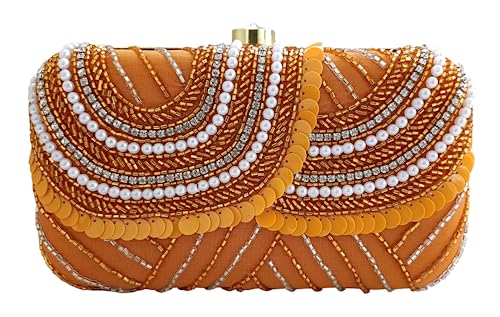 DUCHESS Women Hand Embroidered Sequins Box Clutch for Wedding Party (Orange)