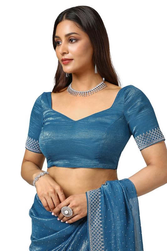 Soch Womens Blue Embellished Organza Saree With Stone Work