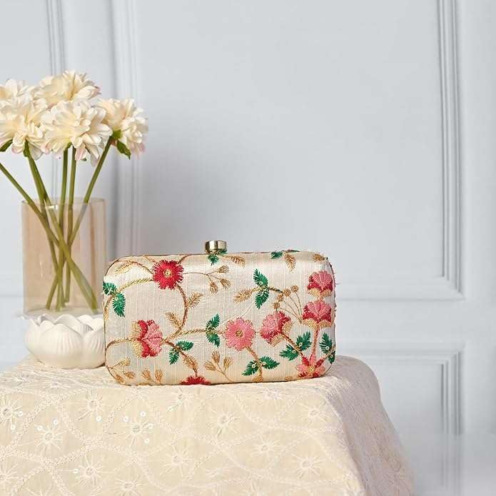 PINK TREASURE Gold Embroidered Clutch for Women | Floral Zari Work Box Clutch for Weddings & Parties | Elegant Handbag with Push Lock Closure | Ideal Gift Accessory (Cream)