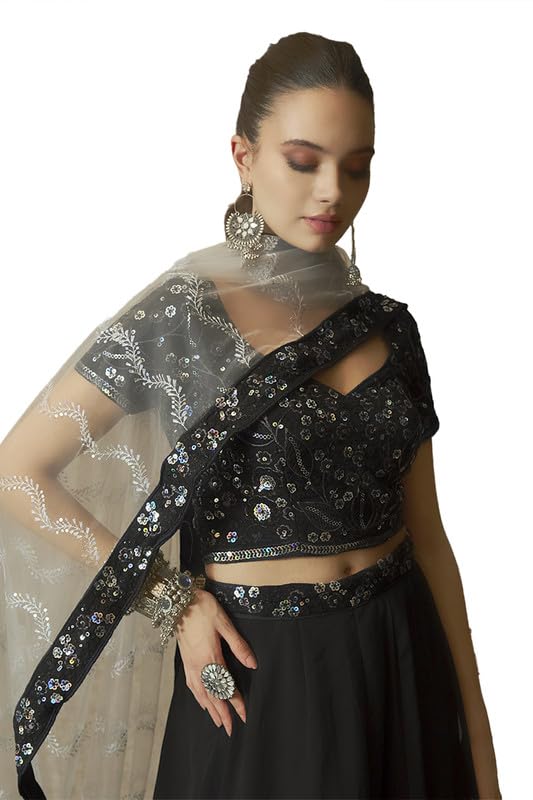 Soch Womens Black Georgette Botanical Pattern Sequin Embellished Unstitched Lehenga Set