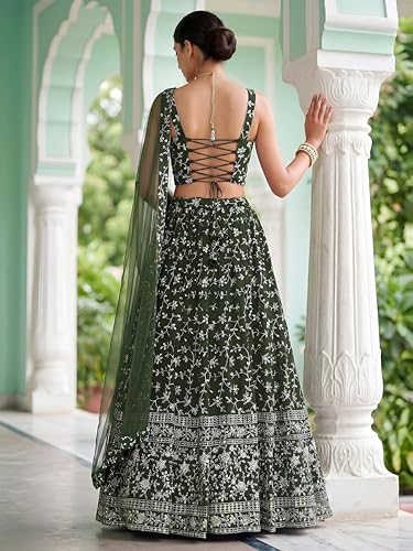 Zeel Clothing Women's Zari and Sequins Embroidered Georgette Lehenga Choli With Dupatta (5058-Green-Women-Latest-Lehenga-Choli, Free size)