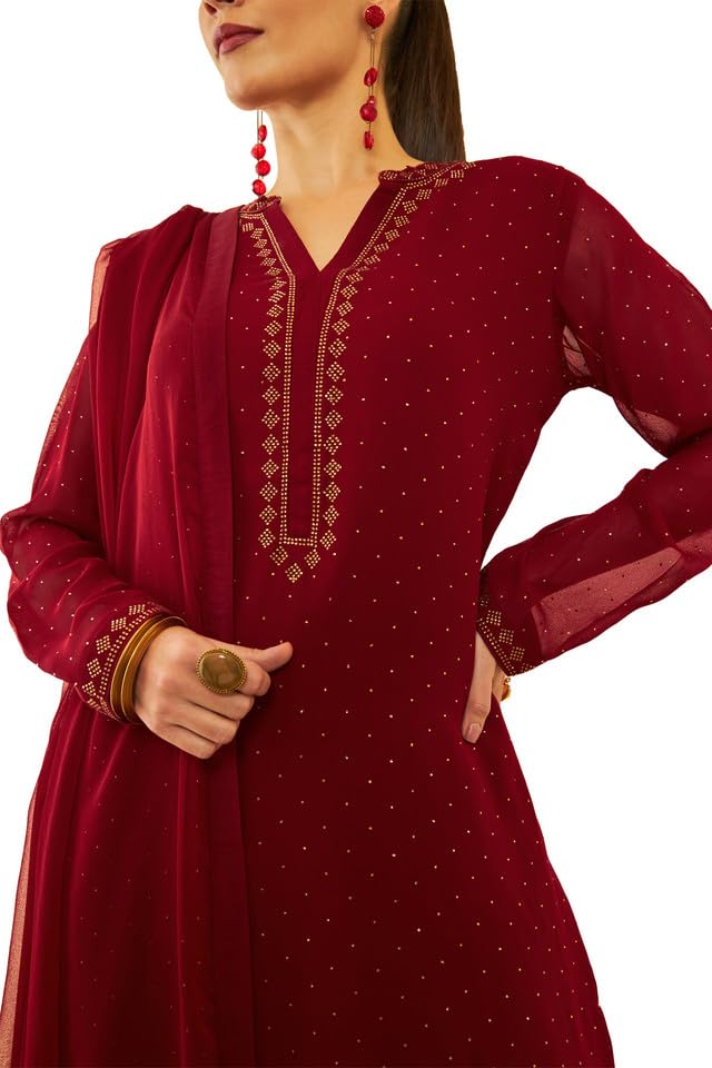Soch Womens Red Georgette Stones Embellished Suit Set