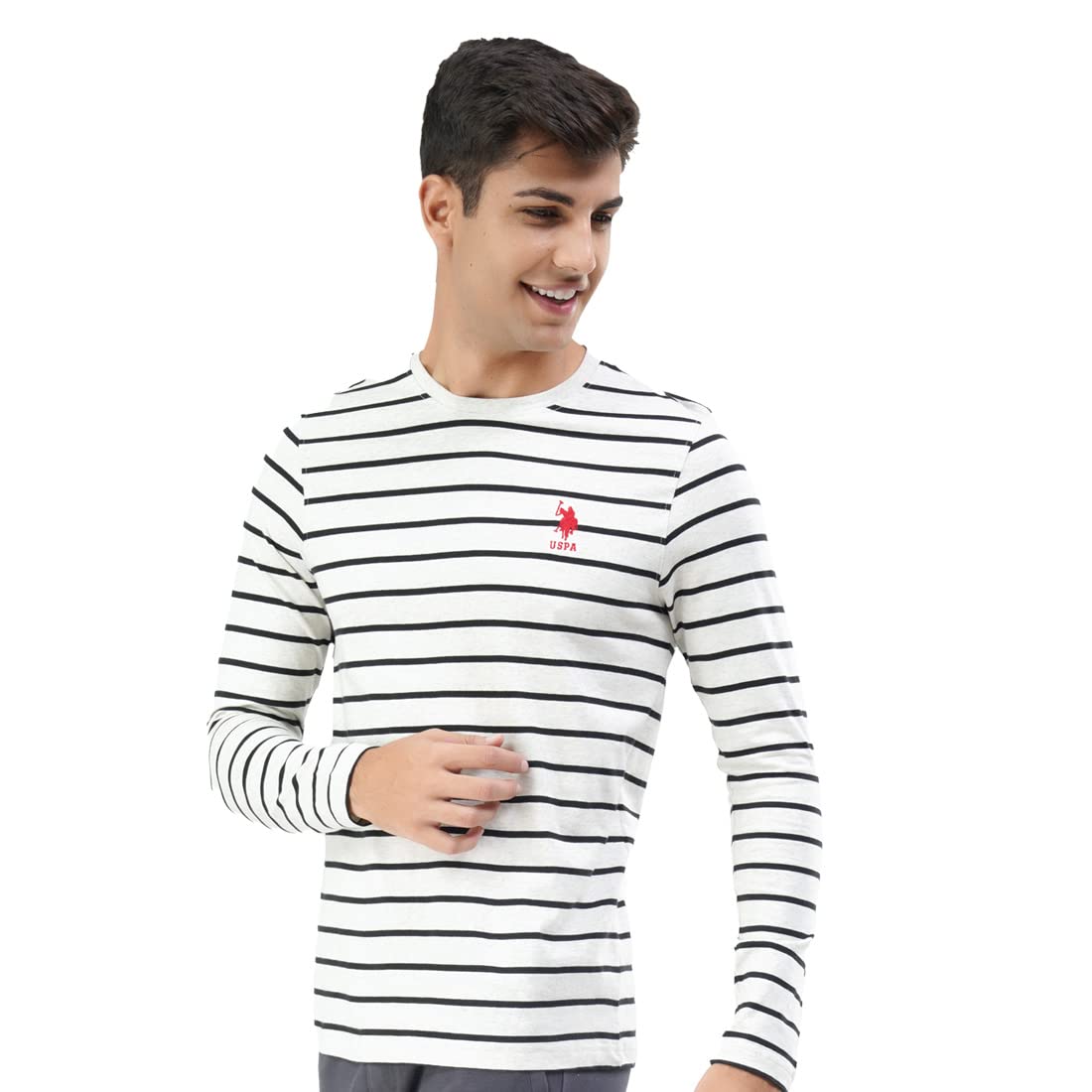 US Polo Association Men's Striped Regular fit T-Shirt (I689-010-ST-M_Lt.Grey Melange/Black M)