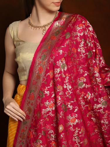Exotic India Royal Banarasi Brocade Silk Dupatta with Striped Palla and Tassels - Art Silk - Color Fuscia Pink