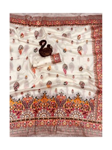 SWORNOF Women's kanjivaram banarasi silk saree for Patola festival Wedding silk with rich pallu Design sarees for women with blouse piece (WHITE2)