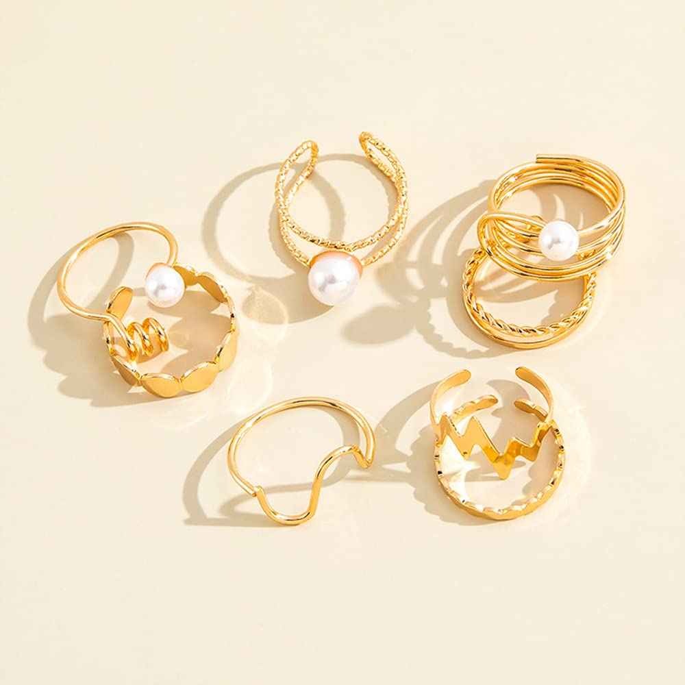 Shining Diva Fashion 8pcs Stylish Pearl Rings for Women and Girls (Golden) (14772r)