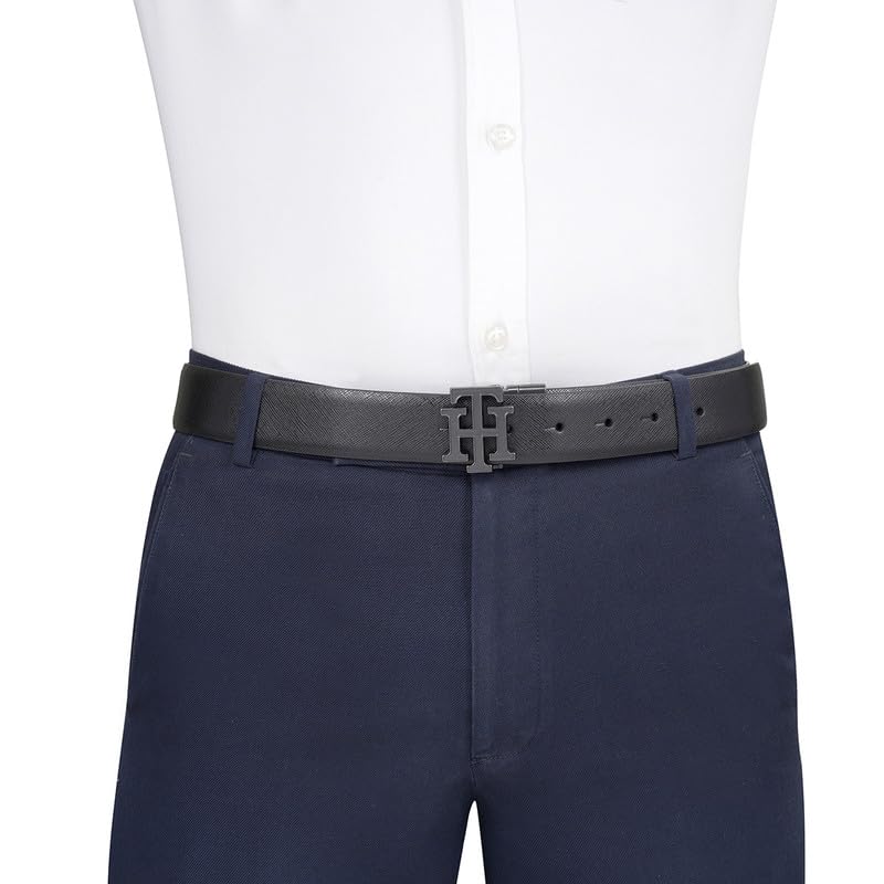 TOMMY HILFIGER Leather Belt for Men, Antigua, Medium, Black+Olive