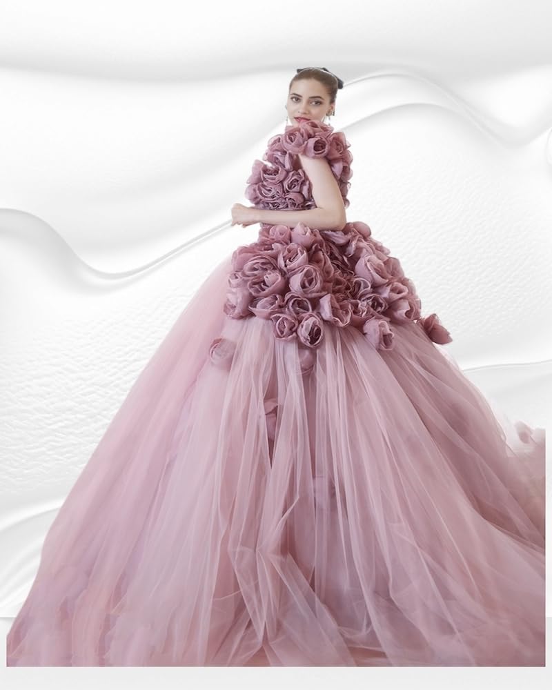 ThreadTexture Premium Flower Hand Embroidary Wedding Gown Light Pink