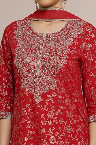 Biba Women Green-Maroon Cotton Straight Printed Suit Set_34