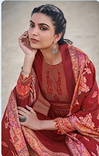 DRAVINAM Trends Women's Unstitched Woollen Pashmina Embroidered Salwar Suit Dress Material with Pashmina Printed Shawl Dupatta (Free size_Red)