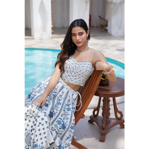 BIBA Women Cotton Straight Printed Lehenga Set (SKD9735SS24WHTBLU_White_XXL)