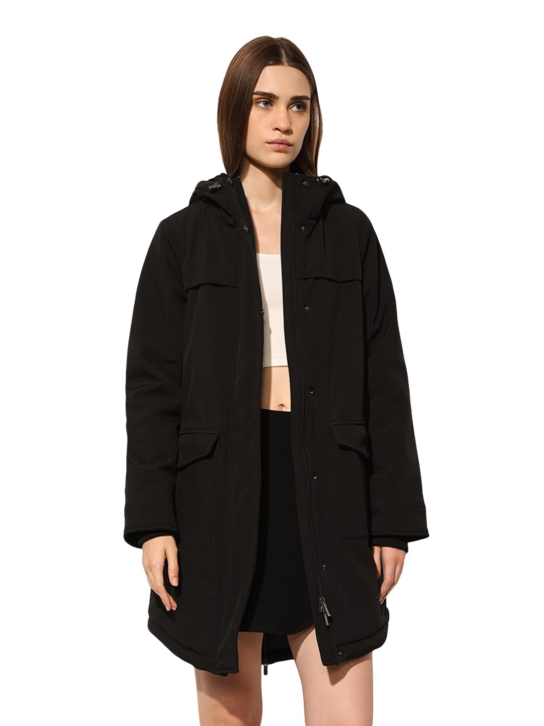 ONLY Women's Solid Regular Fit Black Coat