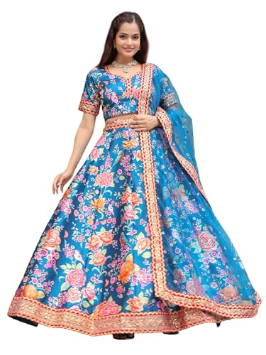 Zeel Clothing Women's Art Silk Digital Print With Dori, Sequins, And Stone Work Art Silk Semi Stitched Lehenga Choli With Dupatta (7515-Teal-Blue-Wedding-Floral-Lehenga-Choli; Free Size)