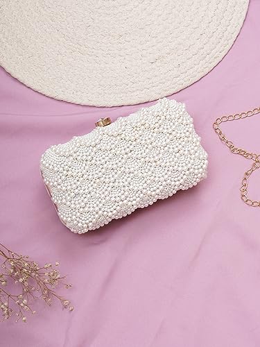 FABBHUE Women's Velvet White Hand Embroidery Box Clutch Purse