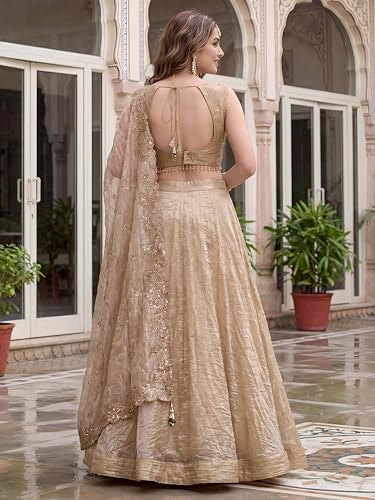 Zeel Clothing Women's Zari Sequins Embroidered Work Crush Silk Lehenga Choli With Dupatta (5136-Golden-Women-Lehenga-Choli-Latest; Free size)