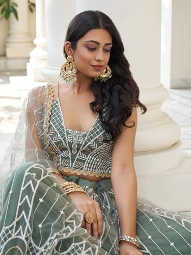 Zeel Clothing Women's Thread Sequins Work Embroidery Net Fascinating Semi-Stitched Lehenga Choli With Dupatta (2136-Green-Wedding-Women-Lehenga-Choli-Latest; Free Size)