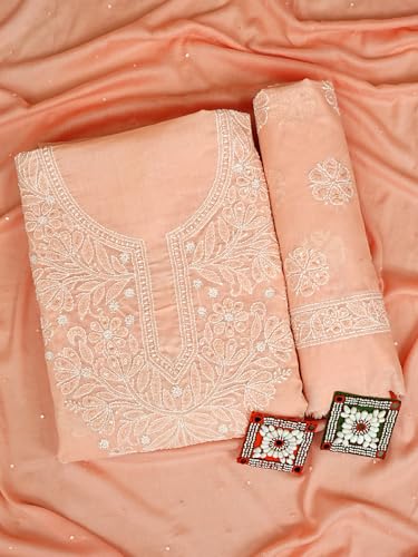 Ada Hand Embroidered Lucknowi Chikankari Unstitched Cotton Dress Material Suit Piece with Dupatta for Women 01A790900 Peach