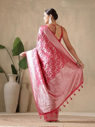 Meena Bazaar Woven Art Silk Saree With Blouse Piece | Pink