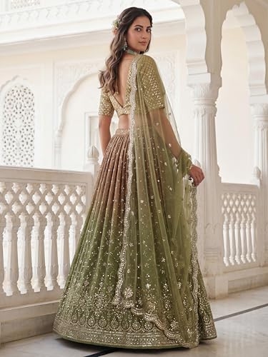 Zeel Clothing Women's Sequins Zari Embroidered Georgette Lehenga Choli With Dupatta (7086-Mahendi-Women-Lehenga-Choli, Free size) (Mahendi)