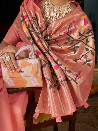 SWORNOF Women's Linen Cotton Silk Saree with Unstitched Blouse Piece | Saree for Women | Saree with Blouse Piece | Soft and Skin Friendly (ORANGE1)