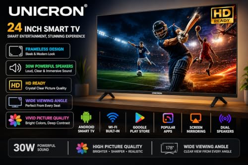 24 inch smart tv Android Frameless HD LED TV | WiFi Enabled | Built-in Apps Compatible (YouTube, Netflix, Prime Video) | HDMI, USB Connectivity | Screenmirror | Slim & Stylish | Black A+