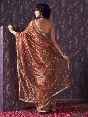 Womanista Women's Net Sequinned Saree (TI6578_Rust)