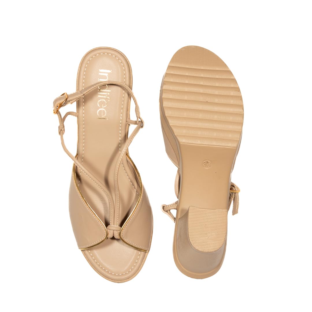 Indifeet Heels for Women Woman Stylish Sandals Ladies Latest Block Heel Chappals Girls Comfortable Party Sandal Female Fancy Peep Toe Chappal Footwear Women’s Trendy Fashion Slippers Cream Beige