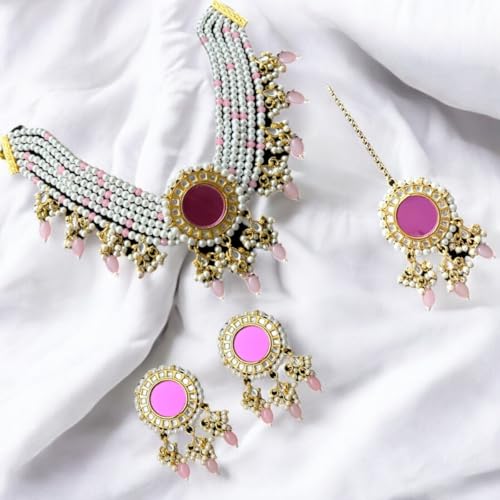 ACCESSHER Gold Plated Kundan & Pearl Pink Choker Set with Earrings and Maangtikka with a Pair of Gold Plated Earring Supporter & Maangtikka Supporter Patch Sticker | For Women & Girls