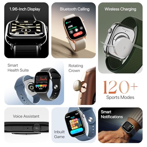 Fire-Boltt Ninja X Ring Smart Watch with 1.96” Large Display, Bluetooth Calling, Wireless Charging, AI Voice Assistant, 500+ Watch Faces, Health Suite, Smart Watch for Man & Woman – Pink S