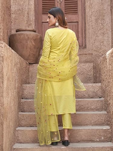 Womanista Women's Pure Cotton Kurta with Trouser & Dupatta (Kurtaset_1414_Yellow