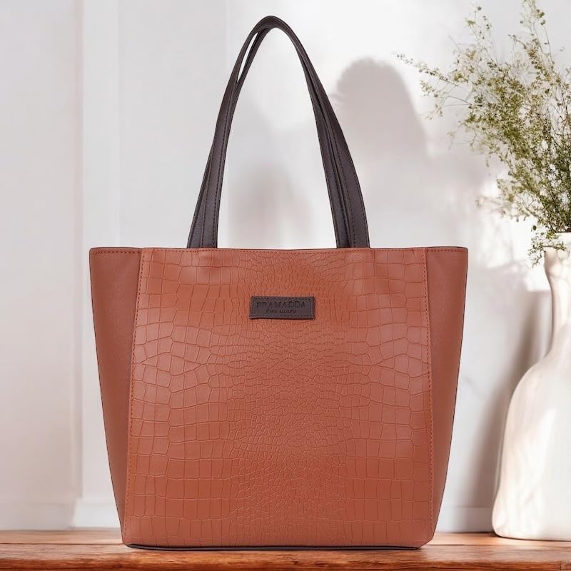 Pramadda Pure Luxury Stylish Faux Leather Tote Bag For Women | Shoulder Handbag For College Office Daily Use | Solid Checks Dual Tone | Gift Item For Women. (Tan)