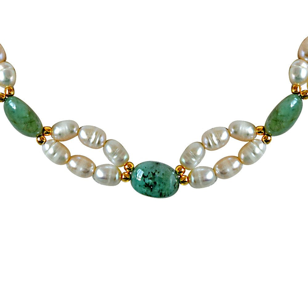 Surat Diamonds Real Natural Oval Emerald, Rice Pearl & Gold Plated Beads Necklace & Earring Set for Women (SN681)