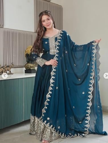 TILKI Fashion Women's Solid Embroidery Work Gown with Dupatta Long Sleeves and Round Neck Most Beautiful Havy Gown for Party | Wedding | Diwali |Any Occasion (in, Alpha, M, Regular, RAMA)