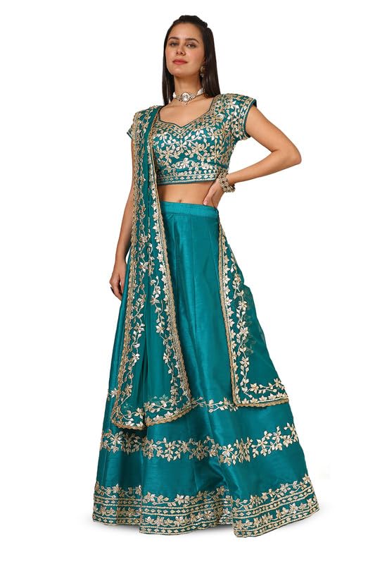 Soch Womens Teal Dupion Silk Ghagra Choli