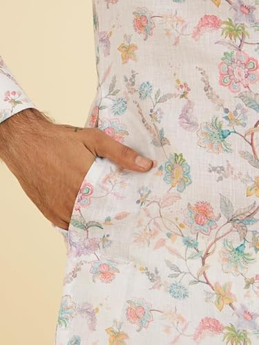Manyavar Blended Cotton Men's Floral Print Kurta (Cream,XL)