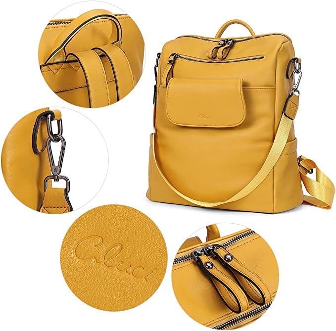 ProArch Medium 27L Large Fashion Convertible Anti-theft backpack Purse for Women Convertible Travel Vintage PU Leather Shoulder Backpack (Yellow)