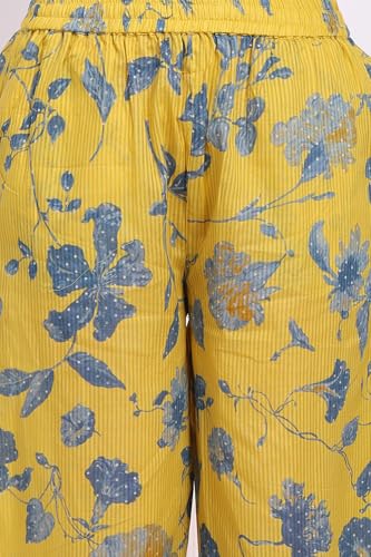 W for Woman Yellow Bold Floral Printed Pure Cotton Straight Kurta, Parallel Pants and Dupatta Set (Size: 2XL)-WS12904-125908