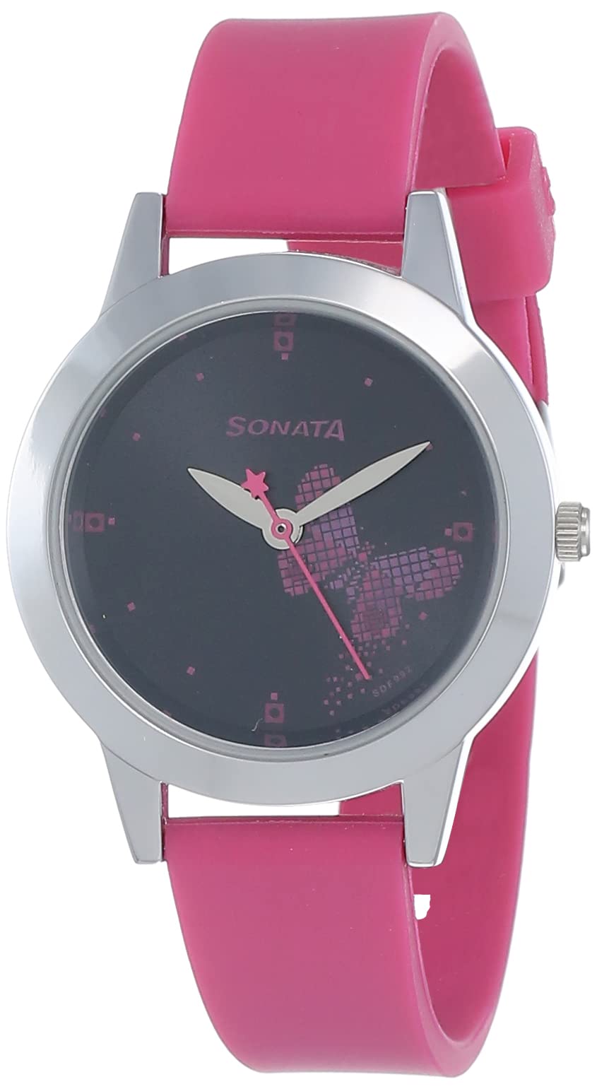 Sonata Quartz Analog Black Dial Pink Plastic Strap Watch for Women - NS87019SP01W