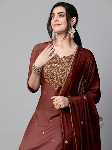 HF HOLYDAY FASHION Straight Cotton Blend Designer Embroidered Work Sweetheart Round Neck Kurta Set with Pant & Dupatta for Women Coffee