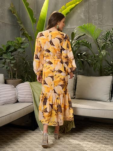 Yellow Floral Baloon Sleeve Midi Dress