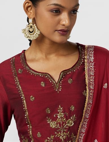 BIBA WOMEN SOLID; EMBROIDRED NARROW SALWAR KURTA DUPATTA(SKD7185_MAROON_42)