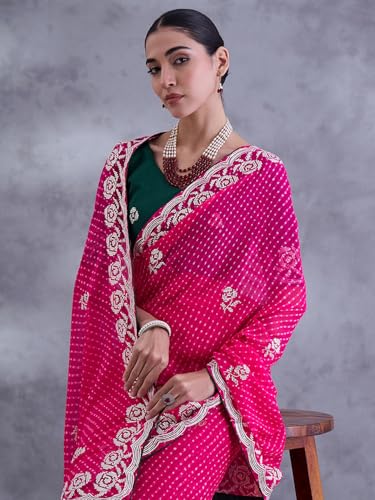 SAREE MALL Women's Pink Georgette Bandhani Printed Saree With Unstitched Blouse (DHNIYA901M7_DC)