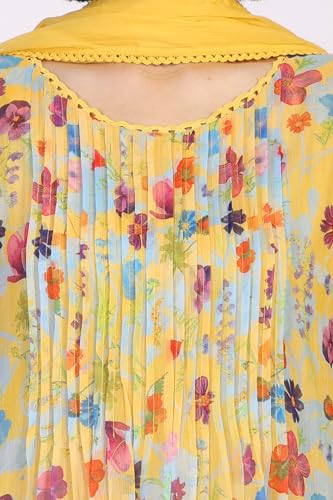 W for Woman Floral Printed Lace Trim Flared Chiffon Kurta with Pant and Dupatta Set - Yellow (WS12923-125894-M)